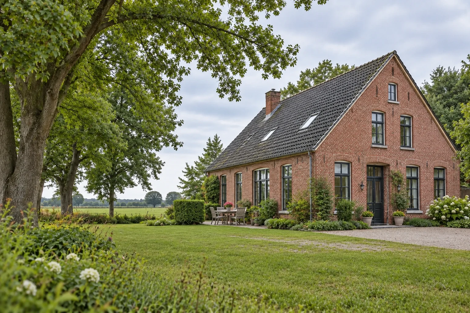 Backsteinhaus mit Garten und kleiner Terrasse im natürlichen Tageslicht