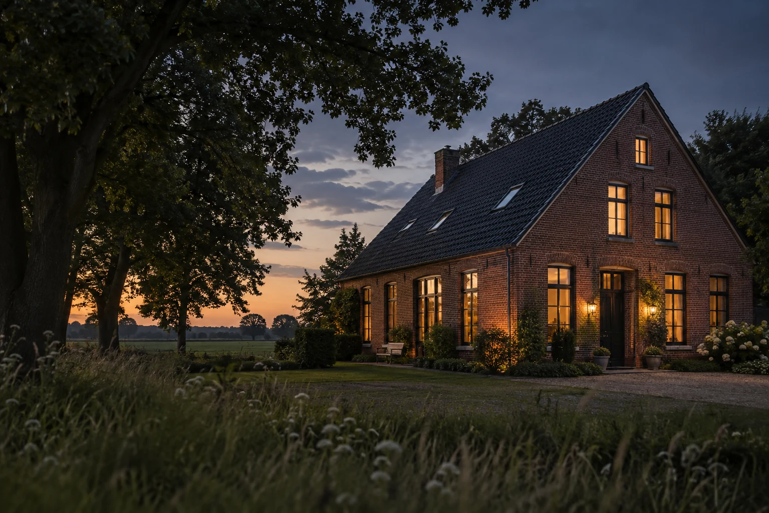 Backsteinhaus mit Garten im Abendlicht